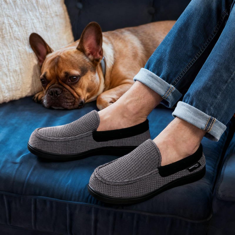 HomeTop Men's Comfort Memory Foam Moccasin Slippers, Breathable Cotton Knit Terry Cloth House Shoes for Indoor Outdoor (11 D(M) US, Dark Gray) - Image 2